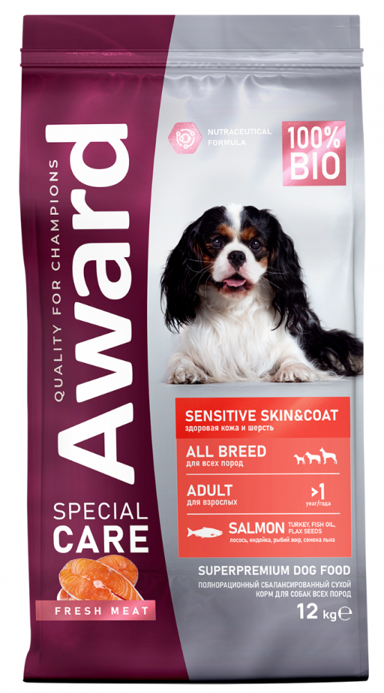 Сухой корм AWARD SPECIAL CARE Sensitive Skin&amp;Coat для взрослых собак всех пород для здоровой кожи и шерсти со свежим лососем