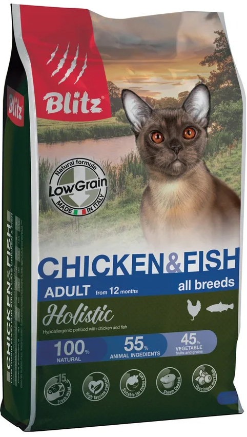 Корм сухой для кошек Blitz Holistic Chicken &amp; Fish (низкозерновой) для всех пород, курица и рыба