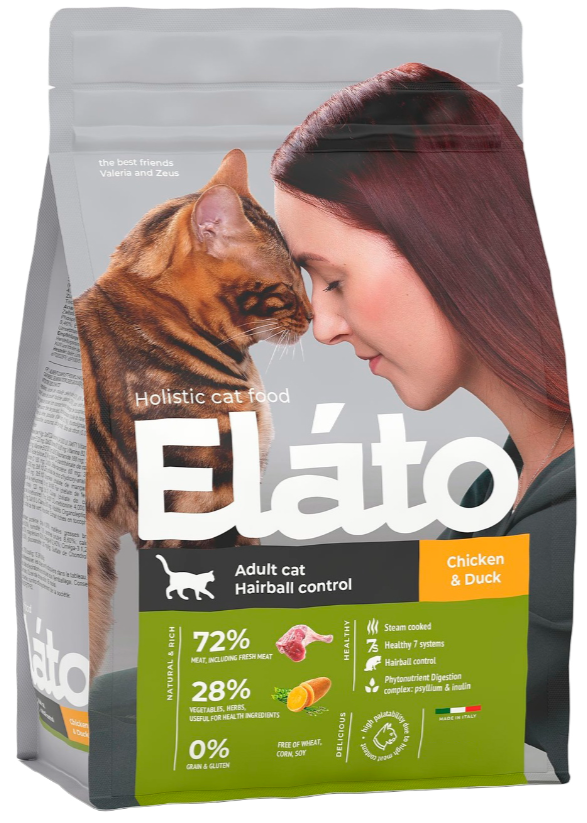 Корм сухой для кошек Elato Holistic Элато Холистик для взрослых с курицей и уткой / для выведения комочков шерсти из желудка и кишечника