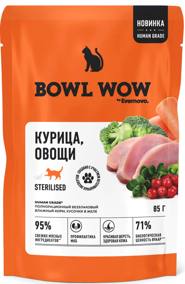 Консервы Bowl Wow курица и овощи в желе для стерилизованных кошек 85 г