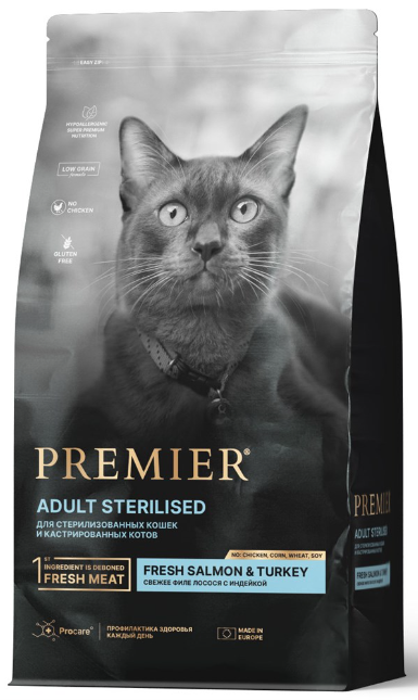 Низкозерновой сухой корм PREMIER Salmon and Turkey Sterilised Cat для стерилизованных кошек с лососем, индейкой и рисом