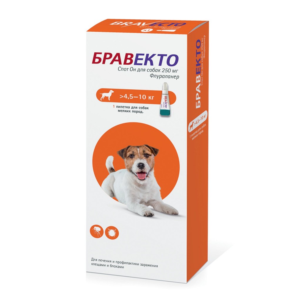 Бравекто Спот-он капли инсектицидные от блох и клещей для собак 4.5-10 кг, 250 мг 1 пипетка 12 недель
