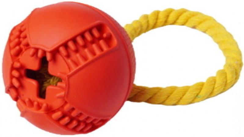Homepet Silver Series Игрушка Мяч с канатом и отверстием для лакомств для собак, красный, каучук, 7.6 х 8.2 см