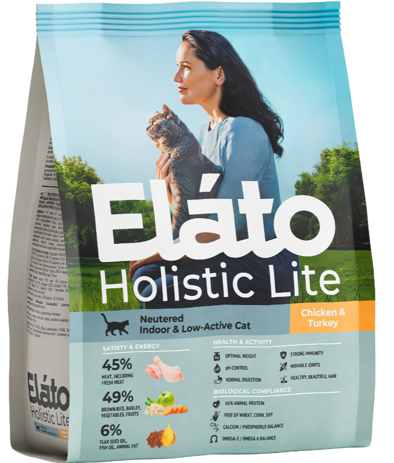 Корм Elato Holistic Lite (низкозерновой) для кастрированных котов, стерилизованных кошек и домашних малоактивных кошек, с курицей и индейкой