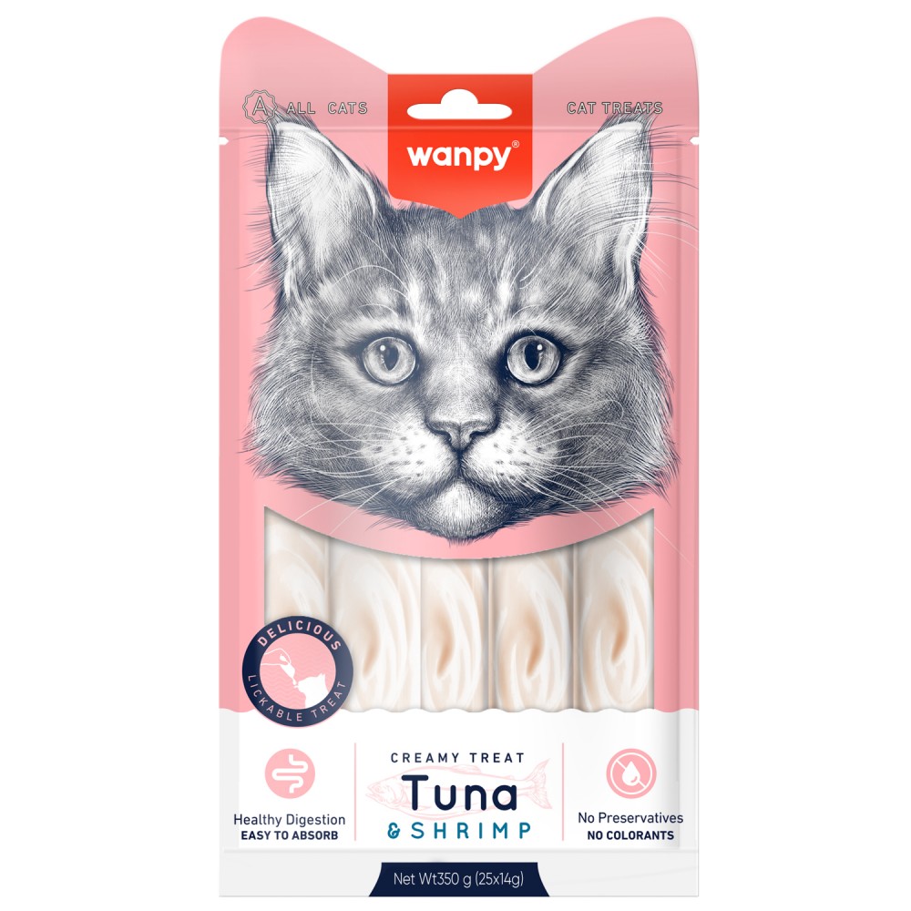 Wanpy Cat Лакомство для кошек &quot;нежное пюре&quot; из тунца и креветки 25 шт х14 г