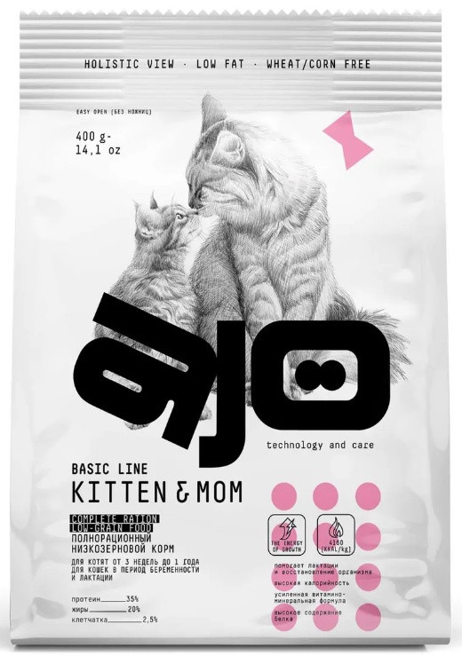 Ajo Cat Kitten &amp; Mom Сухой корм низкозерновой для КОТЯТ беременных и кормящих кошек с индейкой