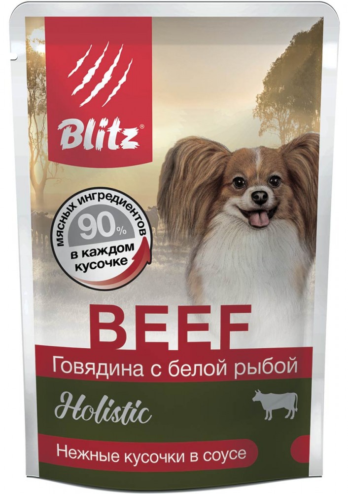 Паучи для собак Blitz Holistic «Говядина с белой рыбой» кусочки в соусе – влажный корм для взрослых собак мелких пород 85 г
