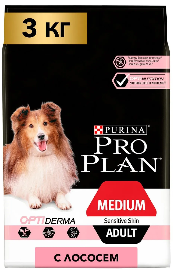 Корм PRO PLAN для собак средних пород с чувствительной кожей с комплексом Optiderma лосось c рисом