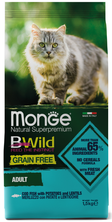 Корм сухой Monge Cat BWild GRAIN FREE беззерновой корм из трески, картофеля и чечевицы для кошек 1,5 кг