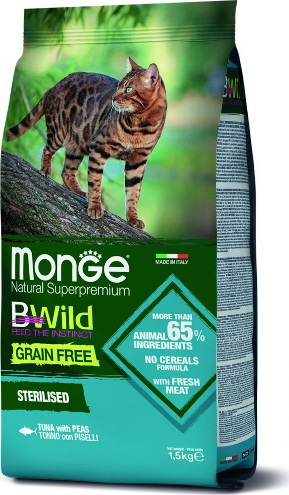 Корм сухой Monge Cat BWild GRAIN FREE беззерновой корм из тунца и гороха для стерилизованных кошек 1,5 кг