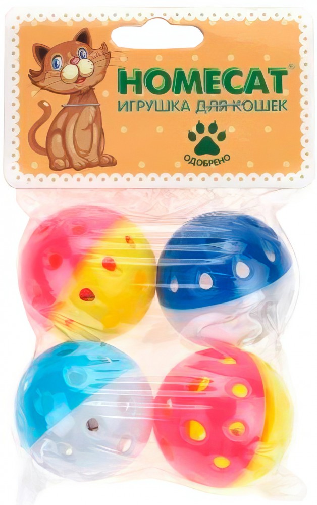 Homecat Игрушка Мячи для кошек, пластиковые, горошек с колокольчиком, 4 шт, 4 см