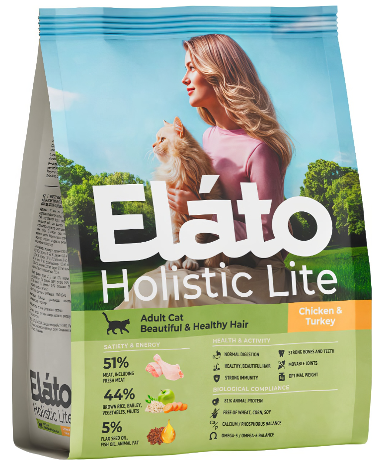 Корм Elato Holistic Lite (низкозерновой) для кошек, для красивой и здоровой шерсти, с курицей и индейкой