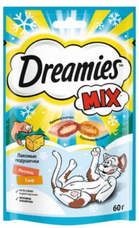Лакомство для кошек Dreamies лакомые подушечки Микс лосось+сыр 60 г
