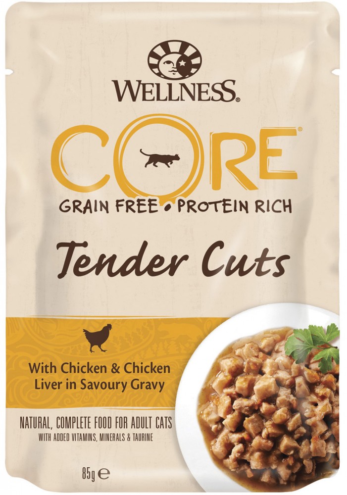 Влажный корм Wellness Core Tender Cuts для кошек с курицей и куриной печенью в виде нарезки в соусе, пауч, 85 гр
