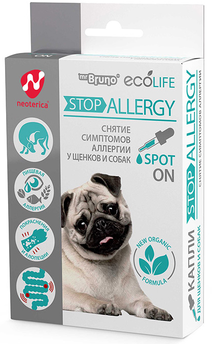 Mr.Bruno Ecolife Stop Allergy Spot-On капли для снятия симптомов аллергии у щенков и собак, 10 мл