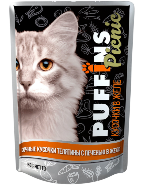 Корм Puffins Picnic (в желе) для кошек, телятина с печенью, 85 г