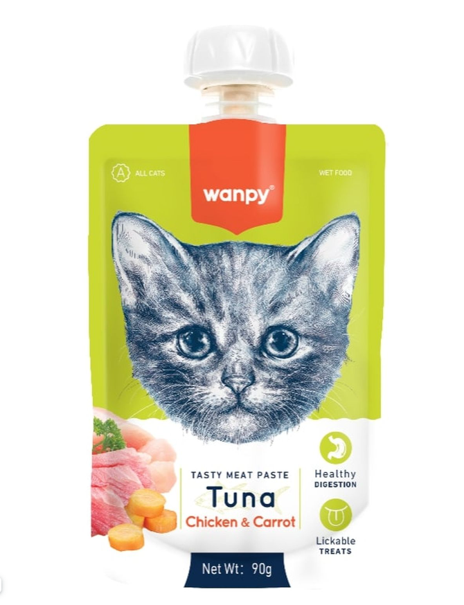Wanpy Cat Лакомство для кошек Мясной мусс из тунца и курицы с морковью 90 г