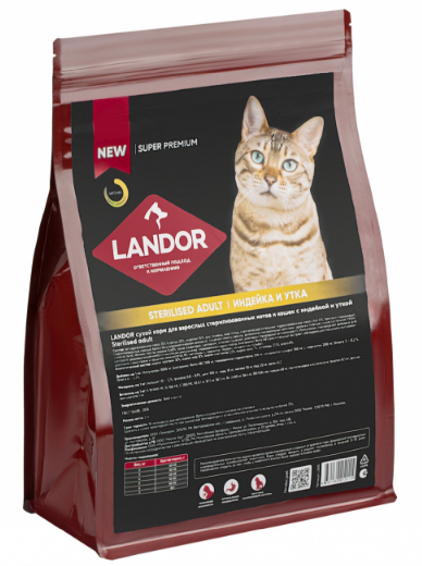 Корм сухой Landor для кошек при стерилизации и кастрации с лишним весом на основе мяса индейки и утки 2 кг