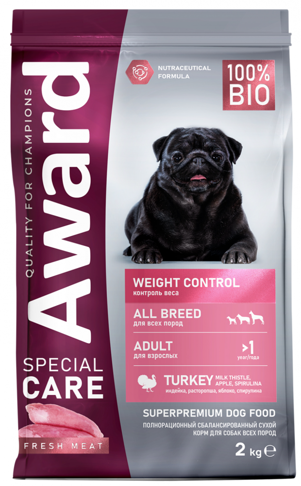 Сухой корм AWARD SPECIAL CARE Weight Control для взрослых собак всех пород для контроля веса со свежим мясом индейки 2 кг