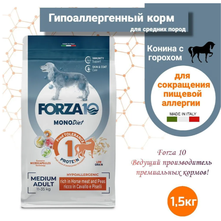 Корм Forza10 Diet Medium для собак средних пород, при пищевой аллергии, гипоаллергенный, конина и горох, 1.5 кг