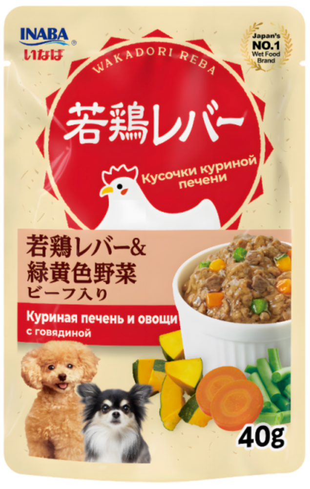 INABA Влажный корм для собак Wakadori reba Куриная печень и овощи с говядиной пауч 40г