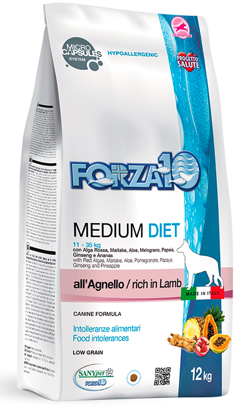 Корм сухой Forza10 Diet Medium (гипоаллергенный) для собак крупных пород при пищевой аллергии, с ягненком (с микрокапсулами) 12 кг