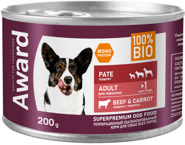 Влажный корм AWARD для взрослых собак паштет из говядины с морковью 200г