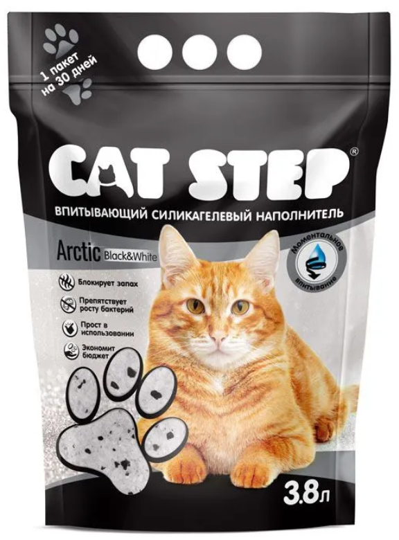 Наполнитель впитывающий силикагелевый CAT STEP Arctic Black&amp;White, 3,8 лn