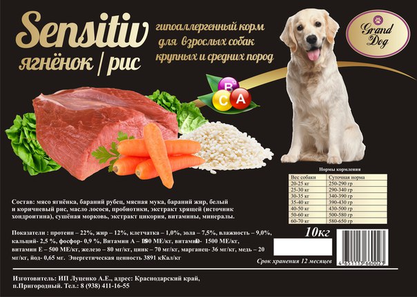Корм Grand Dog Sensitiv ЯГНЕНОК/РИС гипоаллергенный супер-премиум класса для собак средних и крупных пород 10 кг