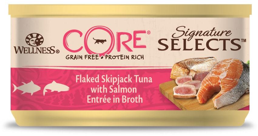 Влажный корм Wellness Core Signature Selects консервы для кошек с тунцом и лососем в виде кусочков в бульоне, банка 79 гр