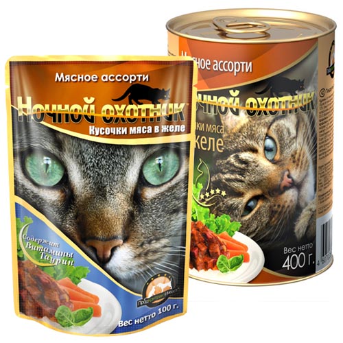 Ночной охотник / Паучи для кошек Мясное ассорти кусочки в желе 100 г