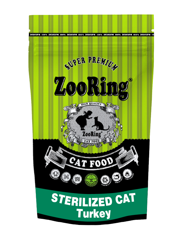 Корм ZooRing STERILIZED CAT TURKEY Индейка для стерилизованных кошек и кастрированных котов