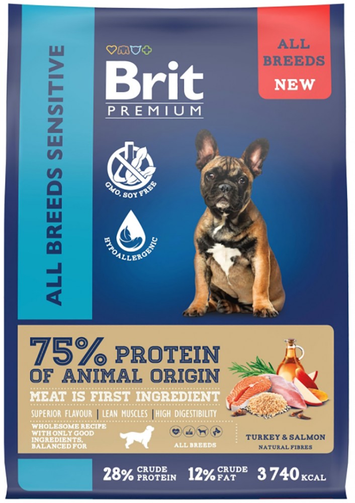 Корм Brit Premium Sensitive для собак с чувствительным пищеварением, с лососем и индейкой, 15 кг