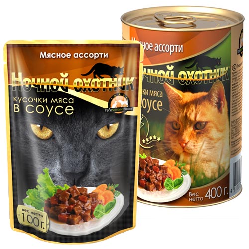 Ночной охотник / Паучи для кошек Мясное ассорти кусочки в соусе 100 г