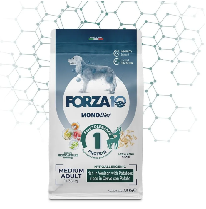 Корм Forza10 Diet Medium для собак средних пород, при пищевой аллергии, гипоаллергенный, с олениной и картофелем 1,5 кг