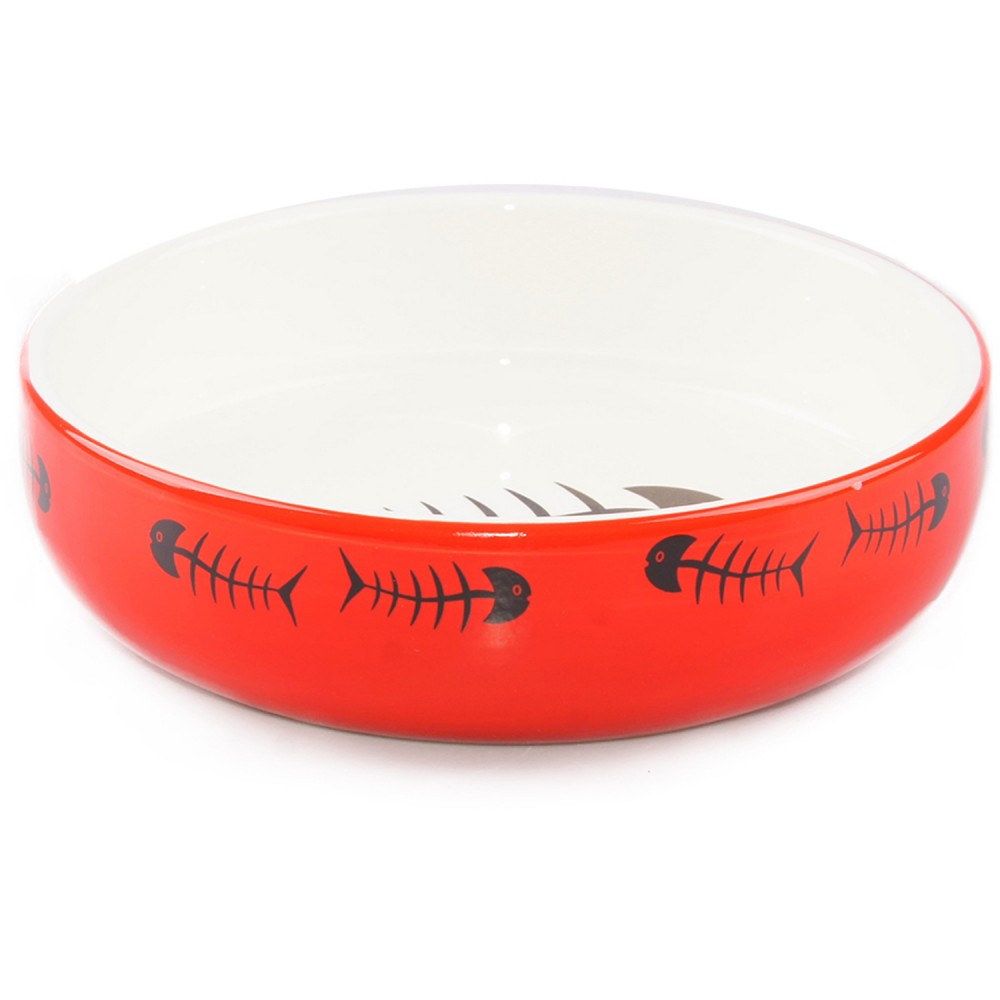Миска Mr.Kranch керамическая для кошек и собак красно-белая с рыбками 300 мл