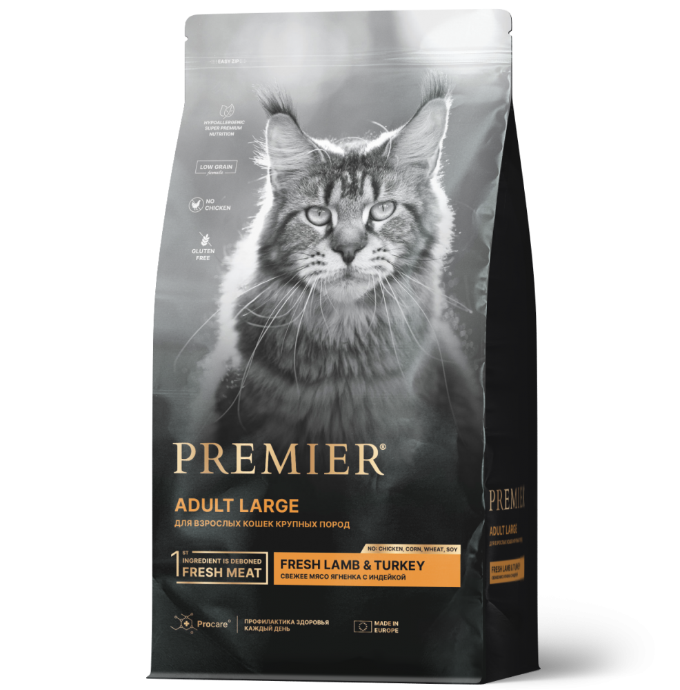 Низкозерновой сухой корм PREMIER Turkey Adult Cat Large для КРУПНЫХ  кошек с индейкой