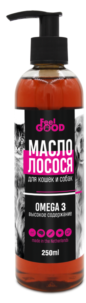Биодобавка FeelGOOD для кошек и собак Масло атлантического лосося холодного отжима. Омега-3, 100 мл