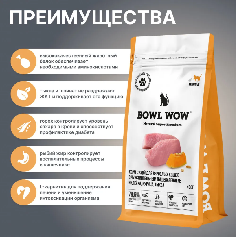 Корм BOWL WOW с чувствительным пищеварением с индейкой и тыквой для кошек.