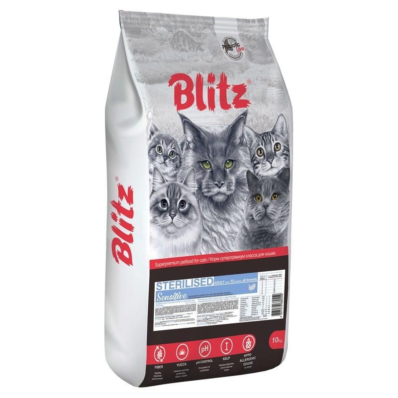 Корм сухой для кошек Blitz Sterilised при стерилизации и кастрации с индейкой 2 кг