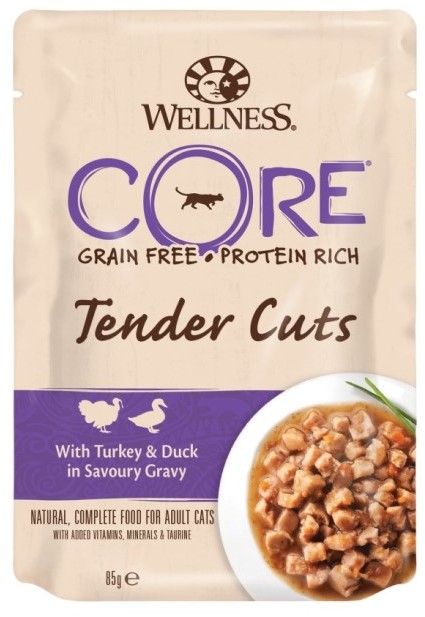 Влажный корм Wellness Core Tender Cuts для кошек с индейкой и уткой в виде нарезки в соусе, пауч 85 гр