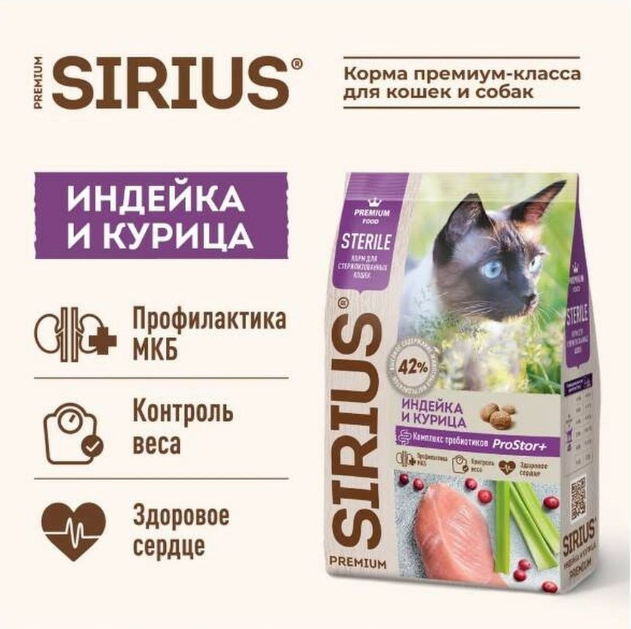 Сухой корм Sirius (Сириус) для стерилизованных кошек и котов с индейкой и курицей