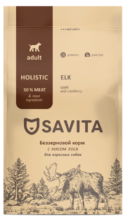 Корм Savita Adult Holistic Elk для собак, беззерновой, с пребиотиками, с мясом лося 10 кг