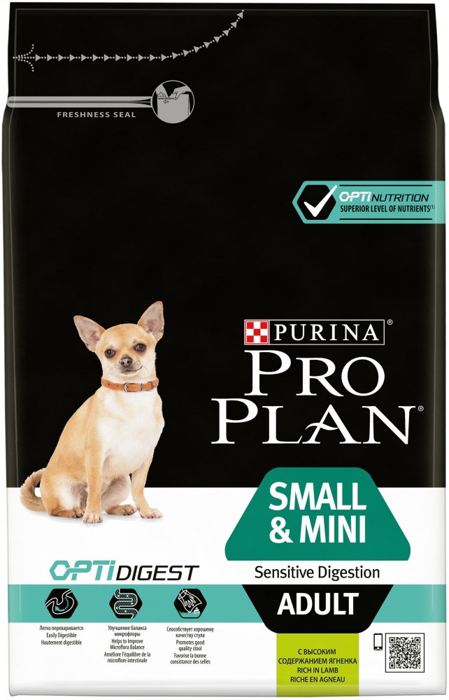Корм Purina Pro Plan для взрослых собак малых пород с чувствительным пищеварением, ягненок