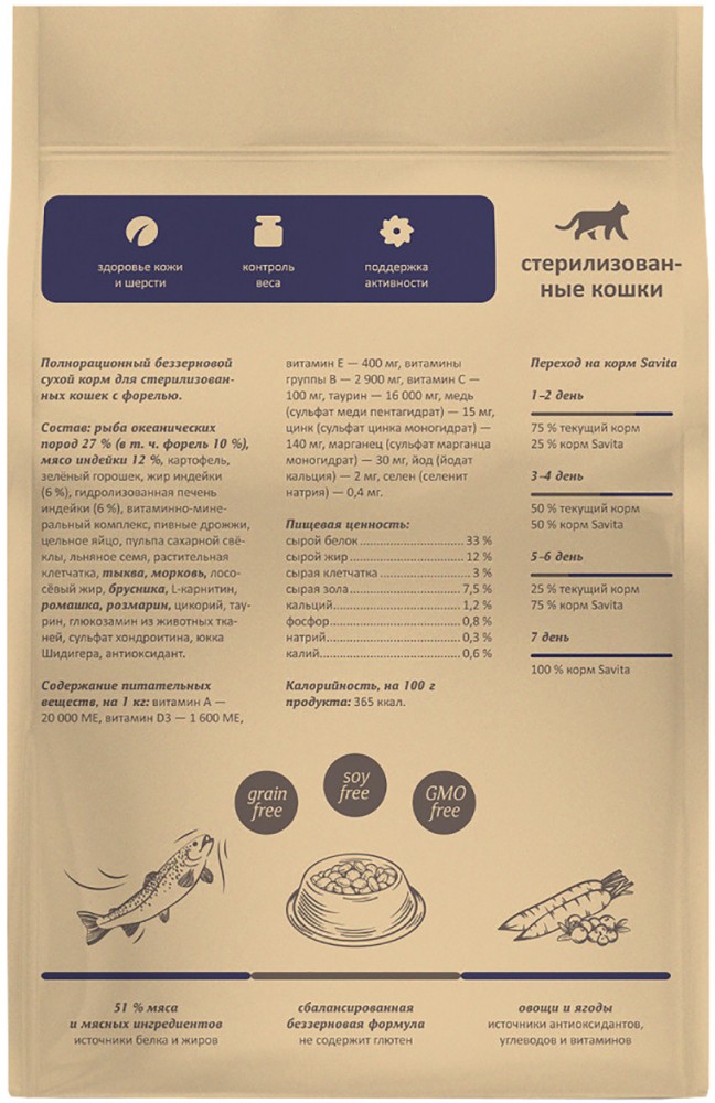 Savita Holistic Sterilized Trout для стерилизованных кошек, холистик, беззерновой, с форелью