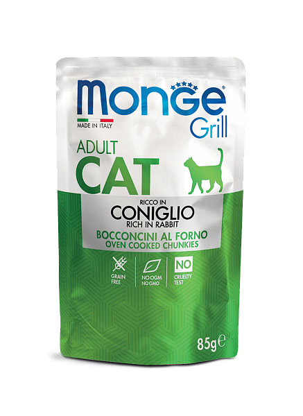 Влажный корм Monge Cat Grill Pouch паучи для взрослых кошек итальянский кролик 85г