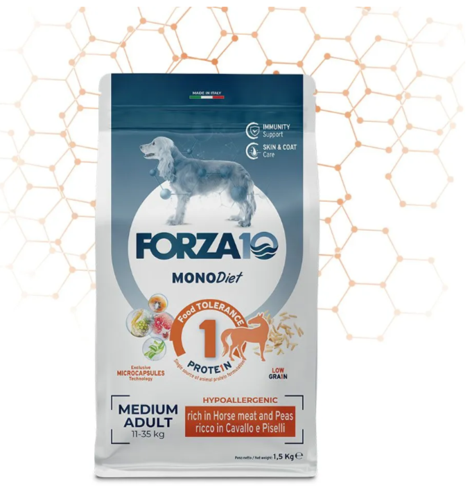 Корм Forza10 Diet Medium для собак средних пород, при пищевой аллергии, гипоаллергенный, конина и горох, 1.5 кг