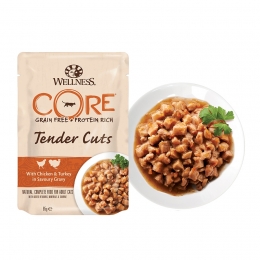 Влажный корм Wellness Core Tender Cuts для кошек с курицей и индейкой в виде нарезки в соусе, пауч 85 гр
