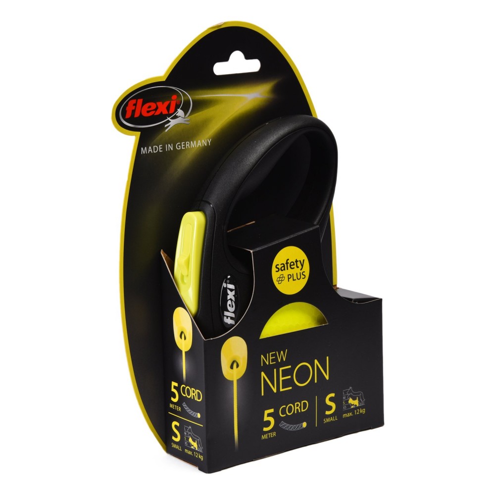 Рулетка Flexi Neon New Classic S (до 12 кг) трос 5 м, светоотражающая, желтый неон