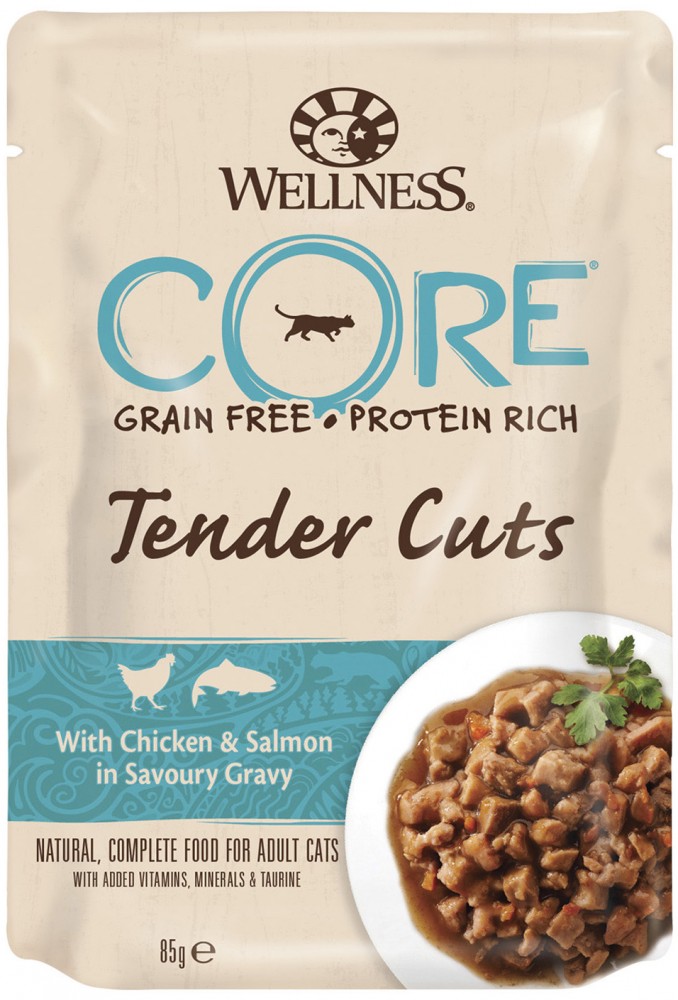 Wellness Core Tender Cuts для кошек с курицей и лососем в виде нарезки в соусе, пауч 85 гр